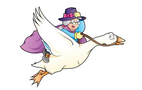 cartoon image of a grey haired woman riding a white goose