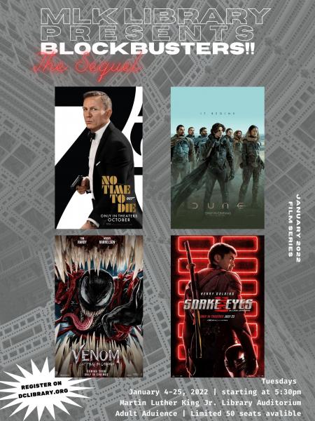 January movie poster, four images, James Bond, Dune, Venom, Snake Eyes