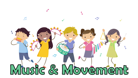 illustration of five children dancing with various instruments with the text "Music & Movement" underneath 
