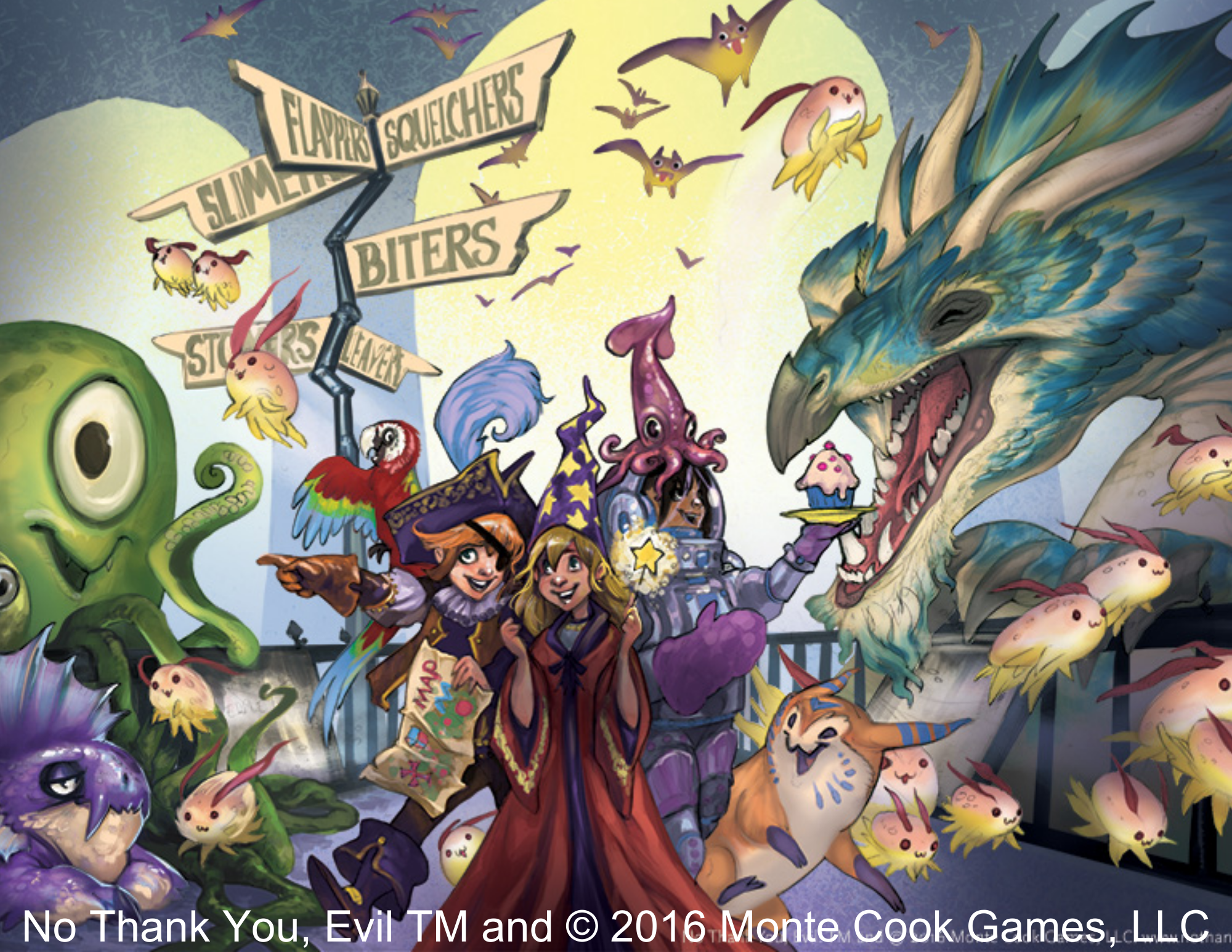 A group of children dressed as a wizard, pirate, and astronaut enter a building filled with diverse magical creatures, including a blob cyclops, a feathered dragon, and small frog/rabbit creatures