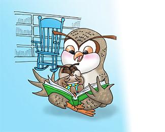cartoon adult owl reads to a baby owl on its lap