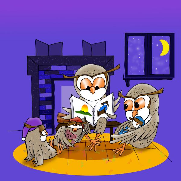 Parent owls reading to their owe children at night, on a purple background.