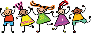 Illustration of five smiling children dancing 