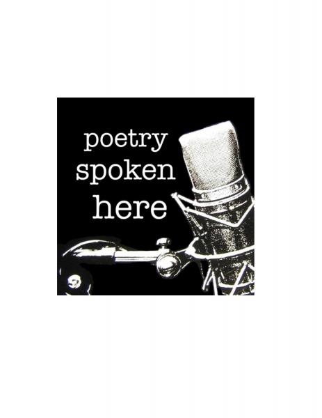 "Poetry spoken here" text on a black background next to a microphone