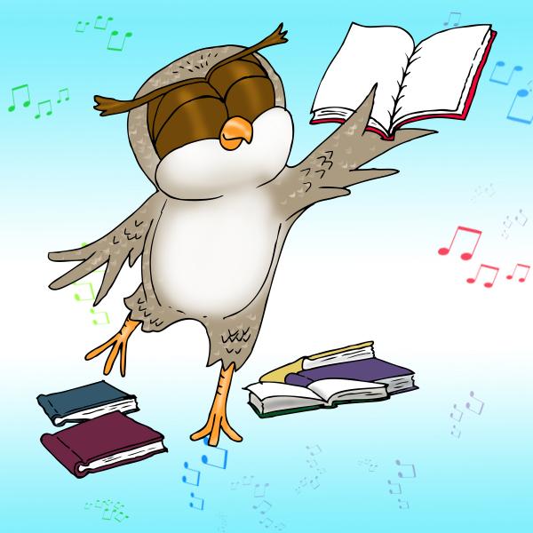 Owl happily holding out a book surrounded by music notes and other books