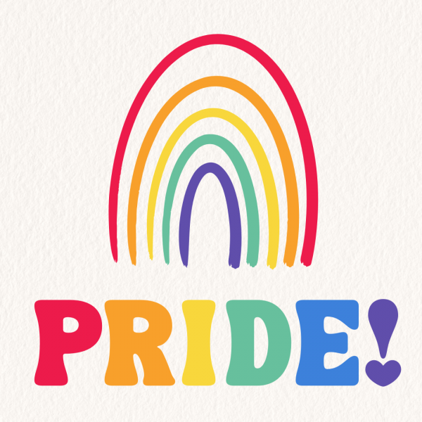 Pride! With an illustrated rainbow above the text.