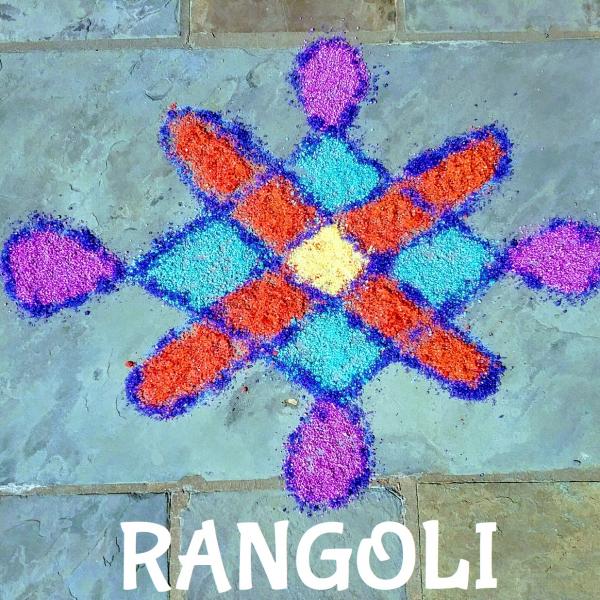 A purple, orange blue and yellow rangoli design