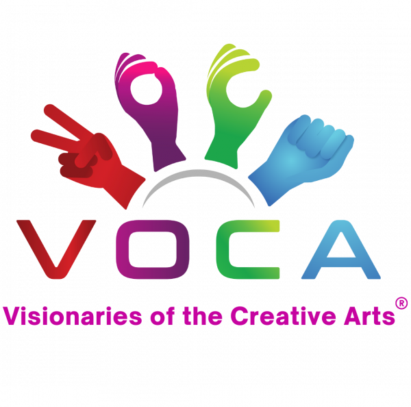 Visionaries of the Creative Arts (VOCA) logo. VOCA spelled out in sign language using colorful graphics of hands, with VOCA printed in the same bold colors below, followed by 