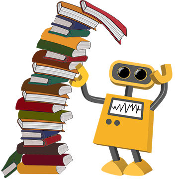 A robot holds up a book stack