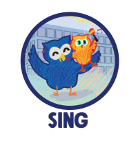 one blue and one orange owl sing together with the text 
