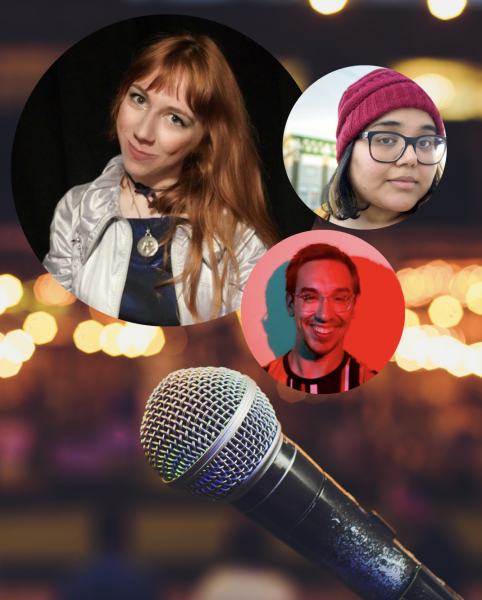 Collage of faces over a photo of a microphone. Pictured are Comedians Tina Friml, Martin Phillips, and Annam Choudhry