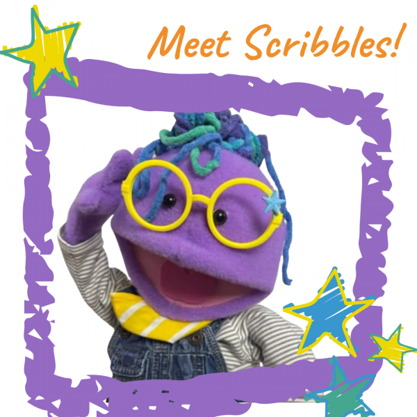 purple puppet wearing overalls and yellow glasses 