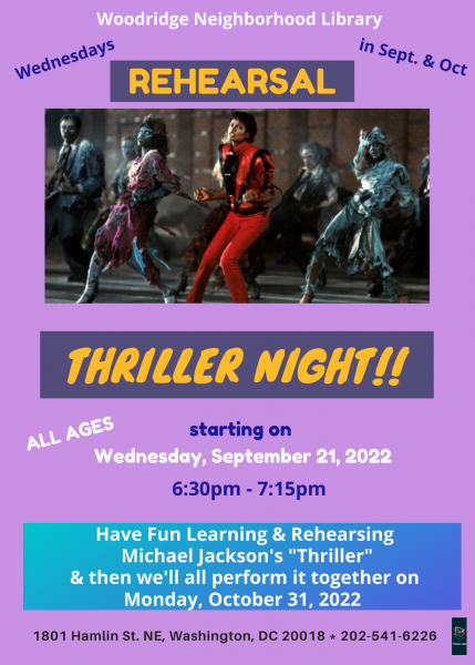 Graphic with text: Rehearsal, Thriller Night!!