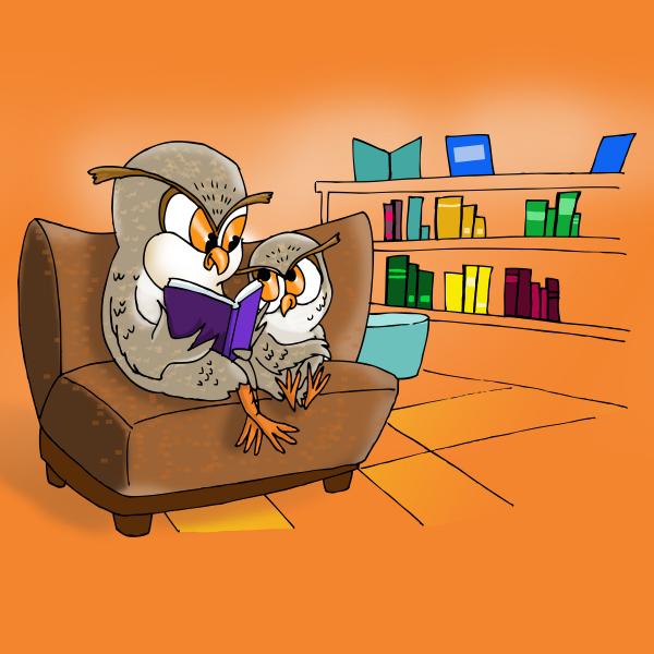 Clip art of adult owl and young owl sitting on a chair reading a book