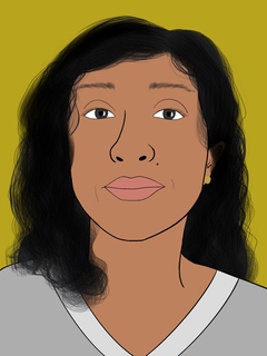 Illustrated portrait of artist Veronica Melendez, depicting a headshot of a person with long, wavy black hair, medium brown skin, dark eyes, and a V-neck gray shirt against an olive green background.