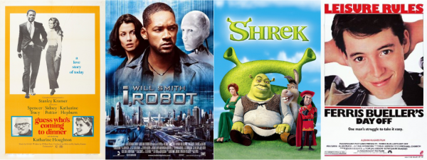 four movie posters in a row: Guess Who's Coming to Dinner, I Robot, Shrek, and Ferris Bueller's Day Off