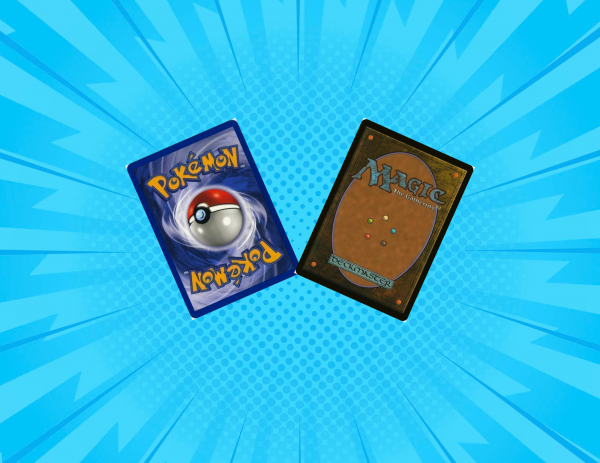one pokemon card and one magic: the gathering card on a blue background