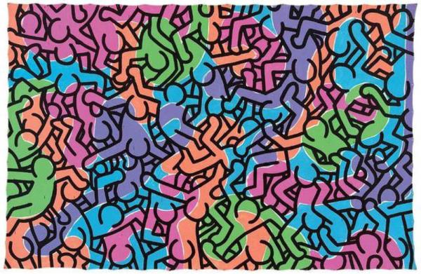 Fifteen graphic squares in the drawing style of Keith Haring