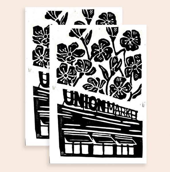 image of two black and white block prints of Union Market