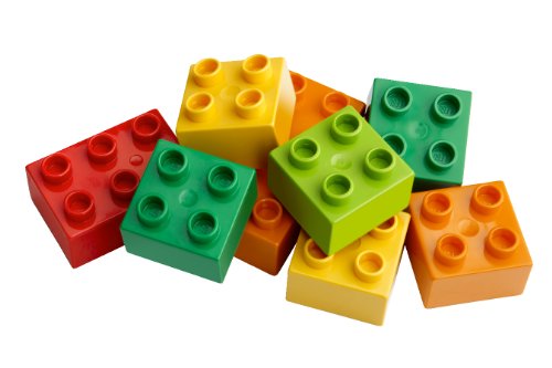 pile of green, yellow, orange, and red duplo blocks