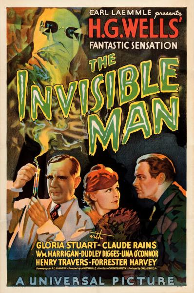 A movie poster for The Invisible Man starring Claude Rains and Gloria Stuart.