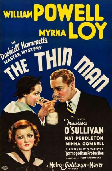 William Powell and Myrna Loy toast cocktail glasses on the movie poster for The Thin Man.