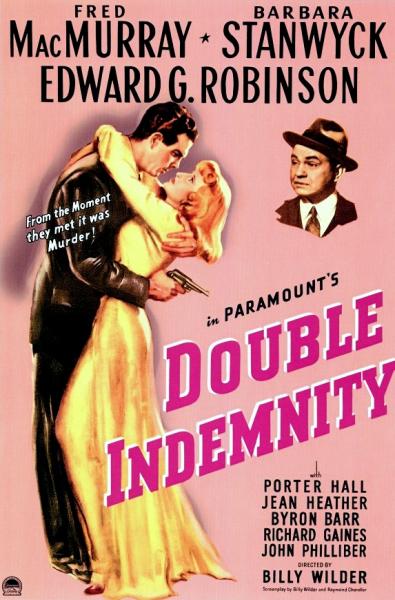 Leads Fred MacMurray and Barbara Stanwyck embrace on the this movie poster for Double Indemnity. Stanwyck's arms are around his neck and MacMurray is holding a gun.