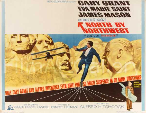 Cary Grant looks over his shoulder while running away from a biplane in this poster for North by Northwest.  Mount Rushmore is in the background, with Alfred Hitchcock's profile added to the other heads.