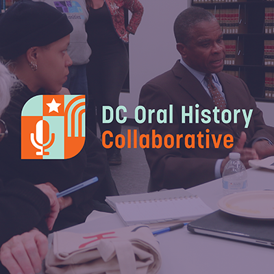 DC Oral History Collaborative logo sitting upon color photograph of two Black people taking oral histories