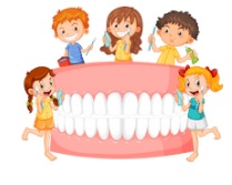 five children smile holding toothbrushes and toothpaste around a large pair of teeth