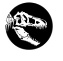 white dinosaur skeleton head in a black circle 