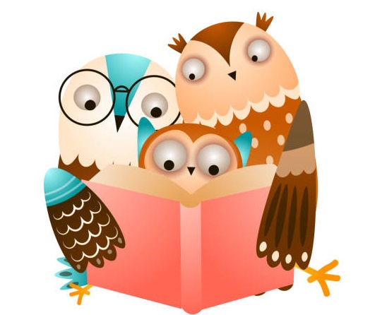 family of owls reading a book