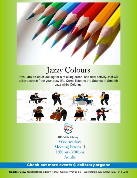 graphic with images of colored pencils and jazz musicians with text: Jazzy Colours