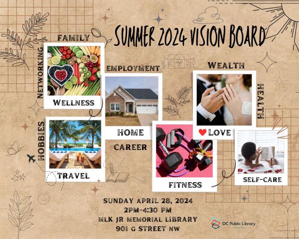 Summer 24 vision board with six images of things related to self-care, travel, home, and family