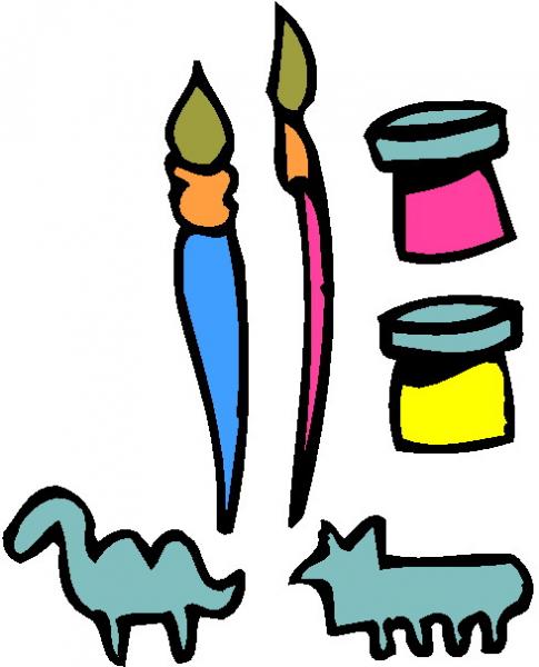 Illustrations of paint brushes, paint pots, a sketch of a camel and a dog