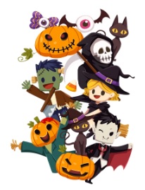 cartoon image of jack-o-lanterns and a vampire, witch, Frankenstein, and skeleton