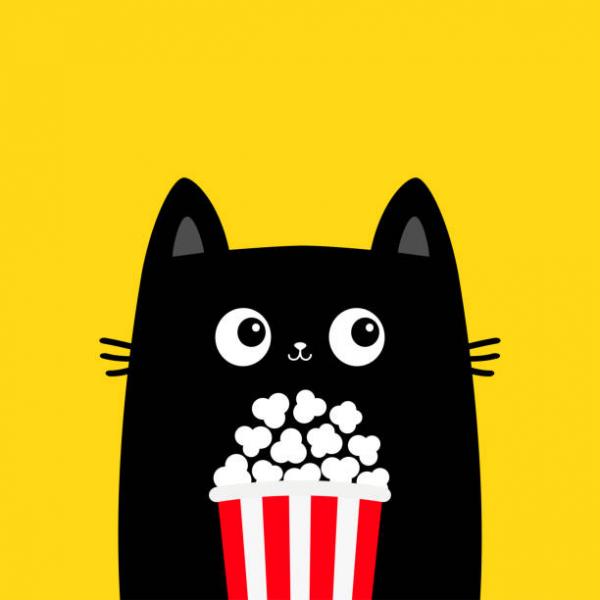 Cute vector image of a black cat with popcorn on a yellow background