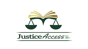 Justice Access logo, green scales dangling from an open yellow book