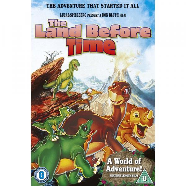 The movie poster for The Land Before Time: five dinosaur friends walking together against the backdrop of a volcano. A t-rex looms in the distance.