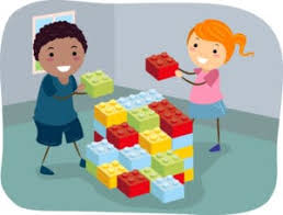 cartoon image of two children playing with legos