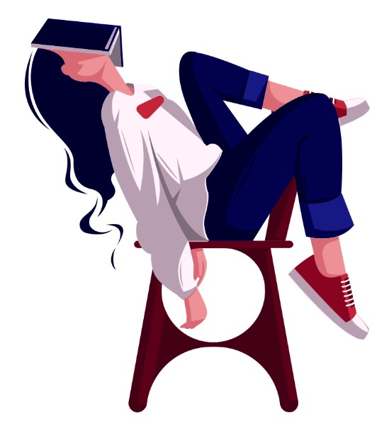 cartoon woman on a chair with a book over her face