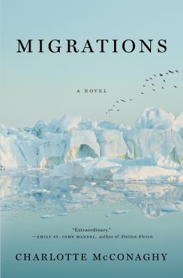 Migrations book cover image. light blue gradation in ocean and sky, atop and below melting ice and flying birds in the distance