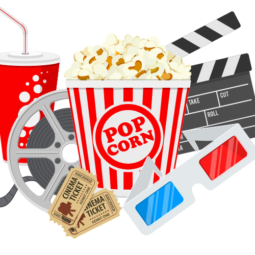 soda cup, film wheel, ticket stubs, popcorn bucket, and 3D glasses