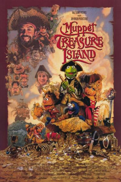 The poster for Muppet Treasure Island: Kermit, Miss Piggy, Fozzy, Gonzo, and Rizzo the rat sit atop a pile of gold doubloons. In the background is and image of the human characters, Jim Hawkins, and Long John Silver in pirate garb.. 