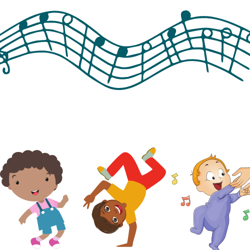 cartoon children dancing with musical notes above them
