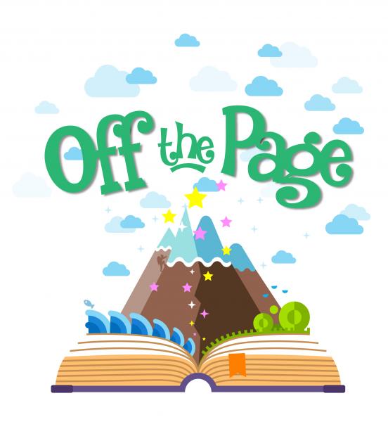Illustration of an open book with a mountain, ocean, plants, stars, and clouds coming out of the pages. Text above the book reads "Off the Page" in green, curly script