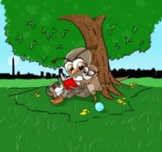 Clip art of adult owl and two young owls reading under a tree