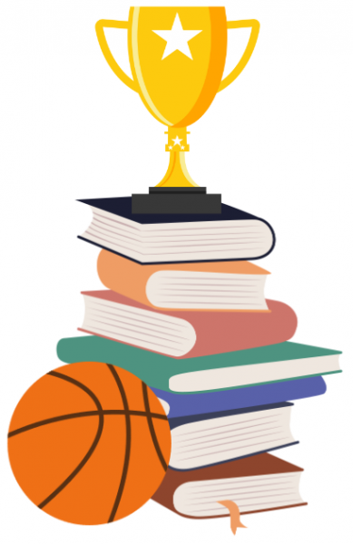 pile of books trophy and basketball