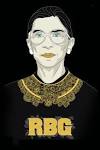 Sketch of Ruth Bader Ginsburg with large "RGB" initials underneath