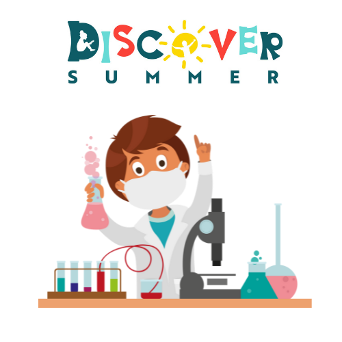 Graphic of cartoon child with science equipment with text at the top: Discover Summer 